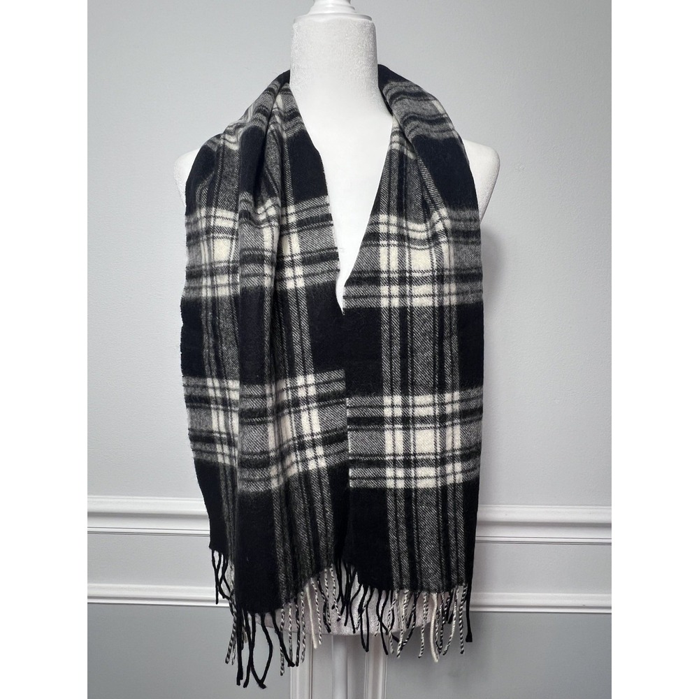 VTG Merino Wool Tartan Plaid Scarf Black White Made in W. Germany Fringed Trim